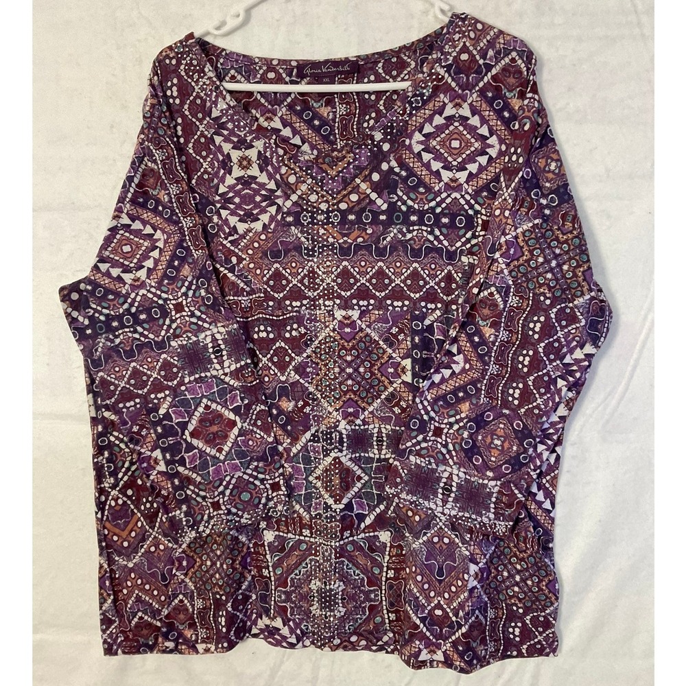 Gloria Vanderbilt Teegan Top Women XXL Purple Geometric Mosaic 3/4 Sleeve Blouse